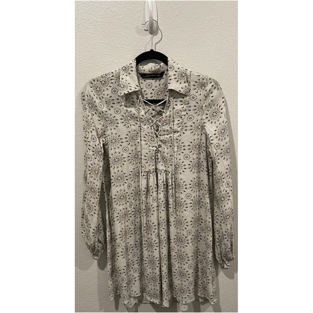 ZARA White Grey Bandana Print Lace Up Neckline Long Sleeve Blouse